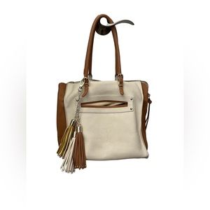 Big Buddha tote with beautiful studded tassels in cream and tan with yellow